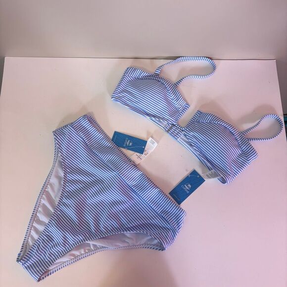 New Cupshe Blue & White Striped Two Piece Swimsuit Size Medium - Picture 1 of 5